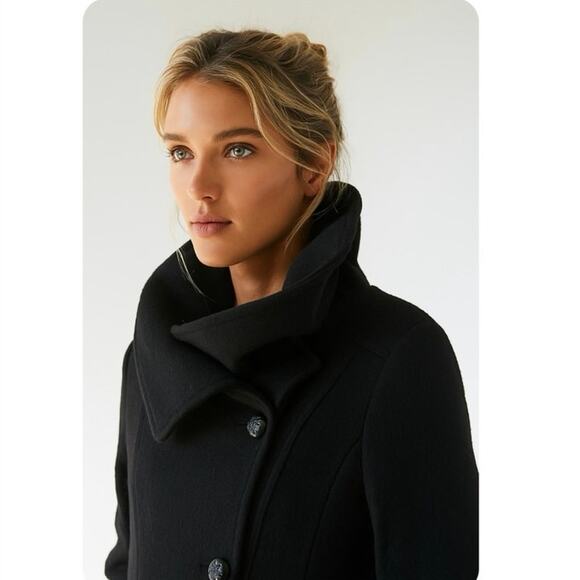 Mackage Black Wool Blend Funnel Neck Peacoat Minimalist Quiet Luxury Medium - Picture 3 of 15
